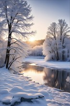 Serene winter landscape at sunrise with snow-covered trees and a frozen lake, AI generated