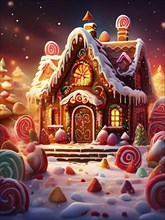 Abstract wallpaper illustration of of gingerbread house decoration, AI generated