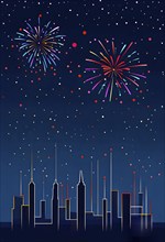 Minimalist, geometric skyline at night, with subtle fireworks in the sky, represented by colorful