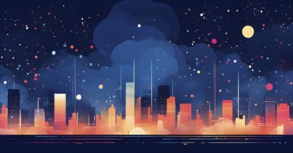 Minimalist, geometric skyline at night, with subtle fireworks in the sky, represented by colorful