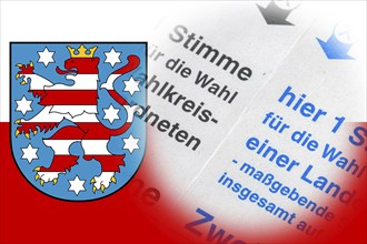 Symbolic image of the state election in Thuringia: Flag of Thuringia and close-up of a ballot paper