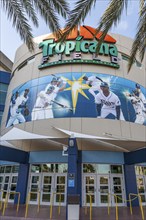 Logo and display above entrance to Tropicana Field Stadium in St. Petersburg, Florida, USA, North