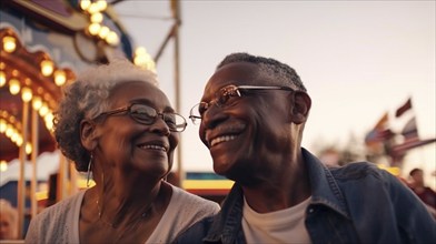 Happy senior african american couple enjoying an afternoon at the carnival, generatvie AI, AI