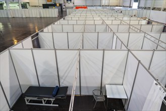 Construction of a vaccination centre for corona vaccinations, in a hall at Messe Essen, by the