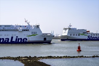 Roro ferry Stena Transit arrives, Stefan Nordica leaves the harbour, view from the Hoek van Holland