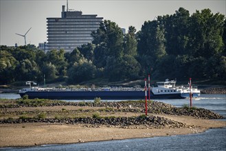 Rhine between Düsseldorf and Neuss, extremely low water, Rhine level at 47 cm, falling, barge in