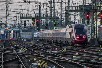 Eurostar train on its way to Brussels, Cologne Central Station, tracks on the west side, overhead