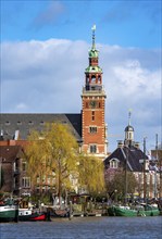 Skyline of the old town, on the Leda, town hall, museum harbour, old town houses, Leer, East