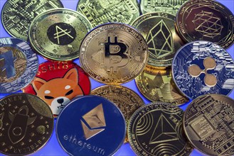 Various cryptocurrencies, symbol coins, optical placeholder for the digital currency, blockchain,