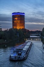 Neue Mitte Oberhausen, Gasometer exhibition hall, after renovation, Rhine-Herne Canal, evening