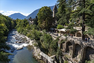 City view, skyline of Merano, river Passer, Passerprommenade, South Tyrol, Italy, Europe