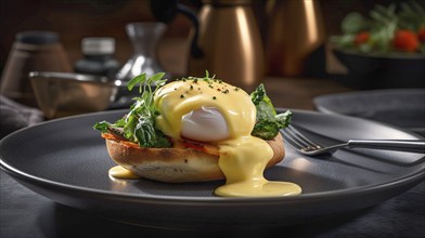 Delicious fresh eggs benedict breakast plate on table, generative AI, AI generated