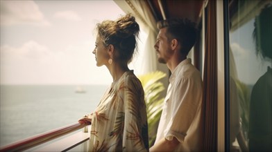 Young adult caucasian couple vacationing on A cruise ship in the tropics, generatvie AI, AI