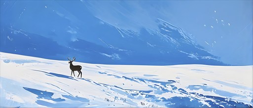 Abstract minimalist winter scene with a single, sharp silhouette of a deer and of a snow-covered