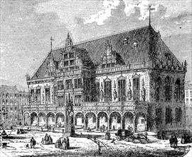 The town hall in Bremen with the Roland, Germany, in 1888, Historical, digital reproduction of an