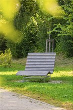 A wooden bench in a lush, green park area with trees and summer vegetation that invites you to