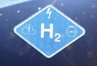 H2 hydrogen fuel cell logo on a Volvo truck at the IAA Transportation trade fair, Hanover,