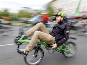 A recumbent cyclist at the bike parade demo, Berlin, 07 05 2023