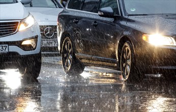 Heavy rain on Potsdamer Strasse. After weeks of heat, the first heavy rain and cooling, Berlin,