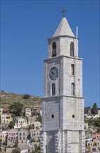 Clock tower of Symi town, Symi island, Dodecanese, Greek islands, Greece, Europe