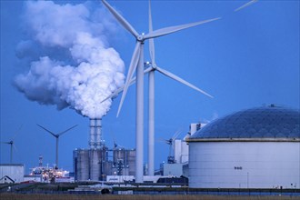 Vopak tank terminal in the industrial harbour of Eemshaven, RWE coal-fired power plant