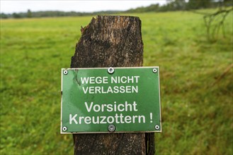 The Pietzmoor, raised bog in the Lüneburg Heath nature reserve, warning of adder snakes, near