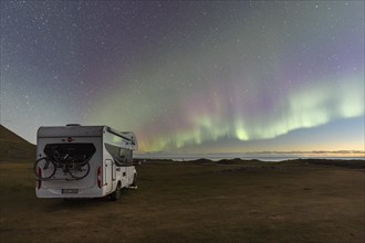 Motorhome, Northern Lights and evening sky, Latrabjarg, Westfjords, Iceland, Europe