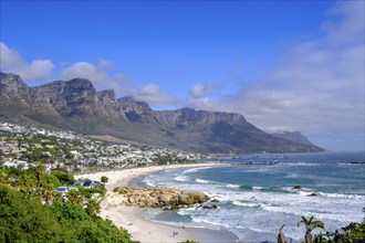 Camps Bay Beach, near Cape Town, behind the Twelve Apostles mountain range, South Africa, Africa