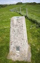 Concrete triangulation pillar on chalk hilltop Giant's Grave, near Oare, Wiltshire, England, UK