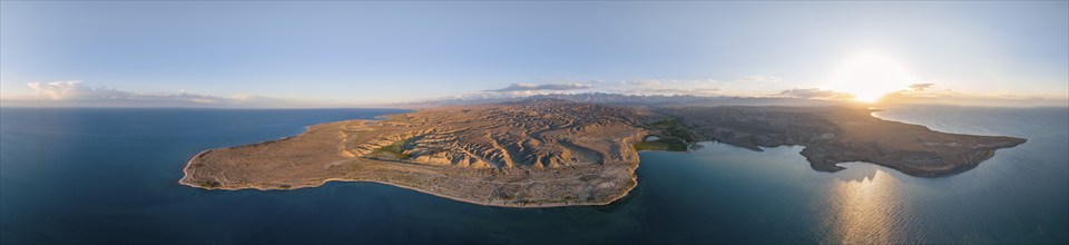 Aerial view, landscape at Lake Issyk Kul, Kyrgyzstan, Asia