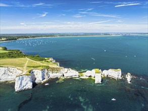 White Cliffs of Old Harry Rocks Jurassic Coast from a drone, Dorset Coast, Poole, England, United