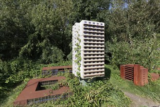 Already demolished residential tower in miniature format, art installation Neustadt by Marta