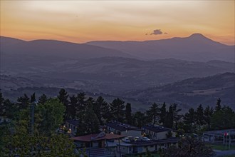 Dusk over the mountains of the Marche Apennines near San Ginesio. San Ginesio, Macerata, Marche,