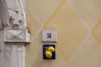 House number with lemon decoration, Limone sul Garda, Lake Garda, Province of Brescia, Lombardy,