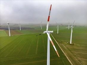 Wind farm, wind turbines near Erkelenz, Rhenish lignite mining area, in the fog, calm, no wind,