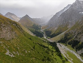 Aerial view, Green Mountain Valley, Chon Kyzyl Suu, Tien-Shan Mountains, Kyrgyzstan, Asia