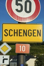 Road sign, Schengen lettering, Schengen, Canton of Remich, Luxembourg, Europe