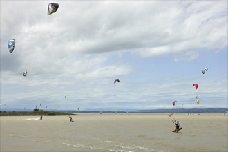 Kitesurfer on the beach of Lake Neusiedl, Podersdorf, Lake Neusiedl National Park, Burgenland,