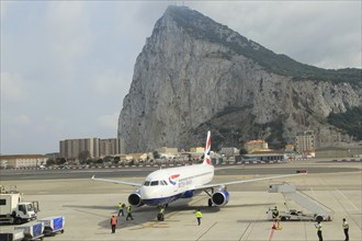 British airways plane International airport with the Rock in background, Gibraltar, southern