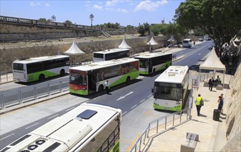 Buses at city centre bus station city of Valletta, Malta, Europe