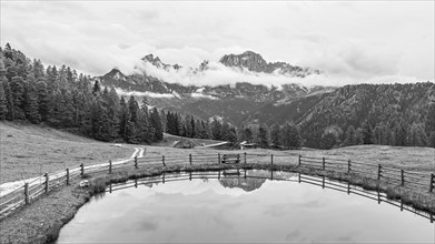 Alpine meadow and Wuhnleger Weiher, in the background the peaks of the rose garden, shrouded in