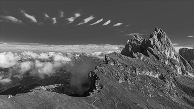 The peaks Sas Rigais and Furchetta of the Geisler group, drone image, black and white image, Val