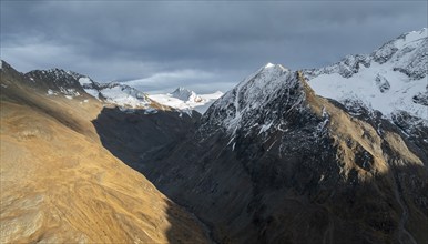 Evening mood, Niedertal, Alpine panorama, Aerial view, Mountains in Ötztal, Ötztal Alps, Tyrol,