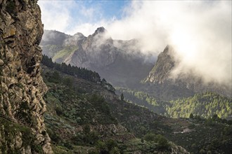 The volcanic rocks of Los Roques in the fog, La Gomera Island, Canary Islands, Spain, Europe