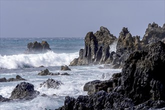 Lava rocks in the sea, surf, near Los Hervideros, Lanzarote, Canary Islands, Spain, Europe