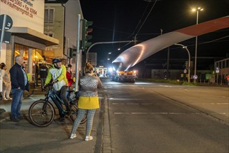 Transport of a 68 metre long, 22 tonne blade of a wind turbine, here in Schwelm, with a