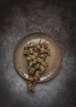 A branch of white grapes, wine grapes, Georgian grape variety Rkatsiteli, top view