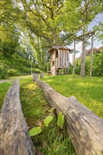 Wooden hut in the background, tree trunks for balancing on a playground, Nagold, Black Forest,