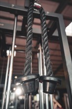 Close-up of training ropes in a modern fitness studio, with steel frame and blurred background,