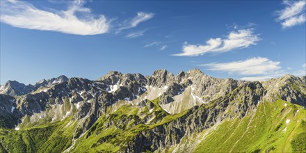 Mountain panorama from Fellhorn, 2038m, to Schüsser, 2259m, Hochgehrenspitze, 2251m and Walser